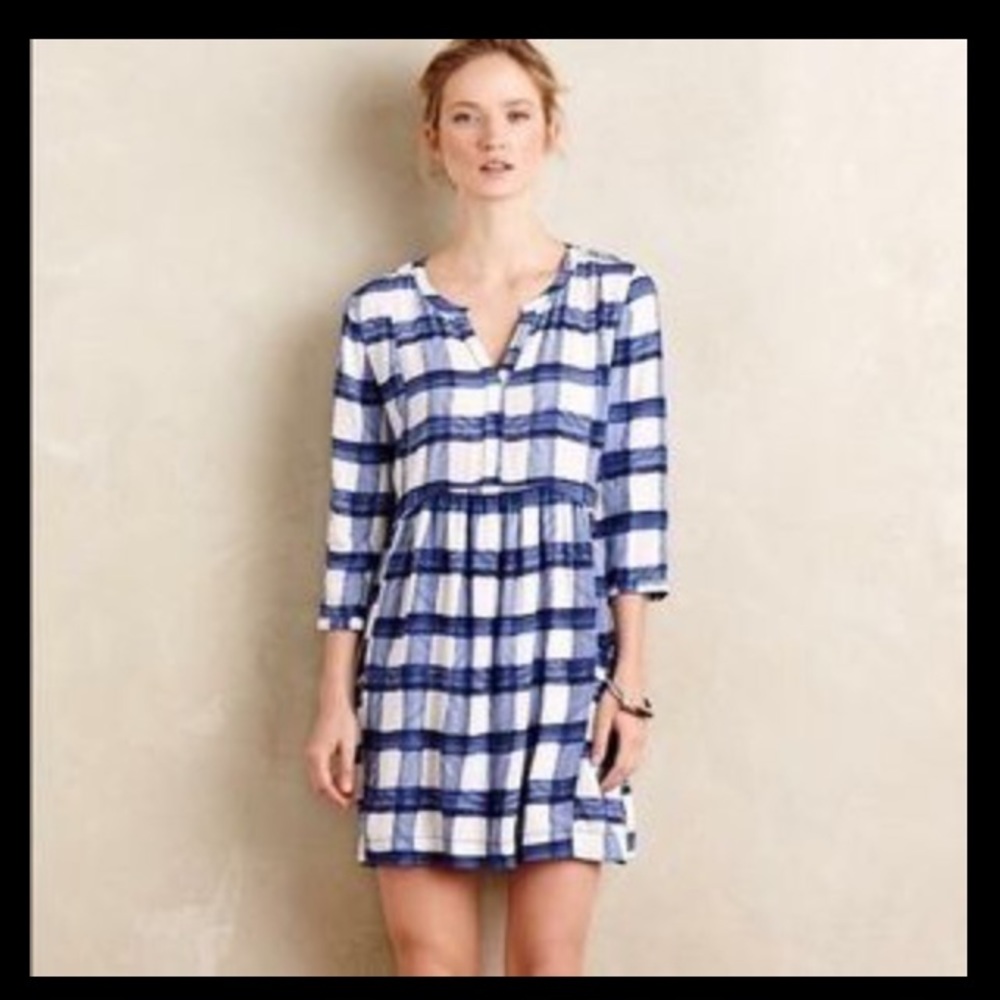 Anthropologie Maeve Devry blue plaid dress sz S